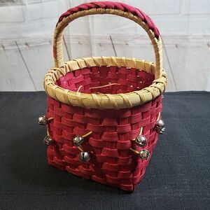 Cute Small Red Wicker Christmas Basket with Bells 5" x 8" tall Holiday Decor
